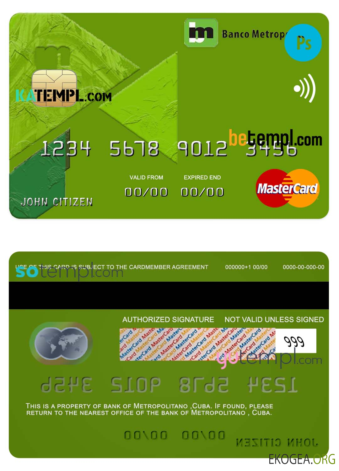 Modèle de carte de crédit mastercard de la banque métropolitaine de Cuba au format PSD, entièrement modifiable